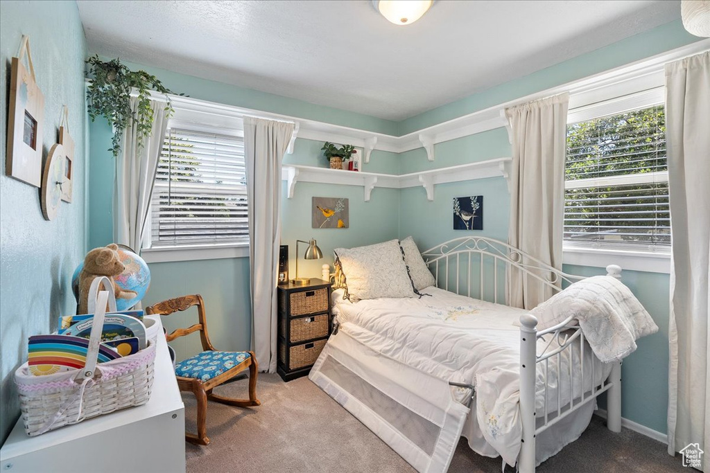 Carpeted bedroom featuring multiple windows