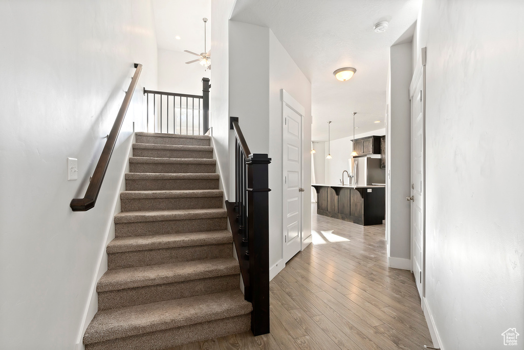 Staircase featuring ceiling fan and wood finished floors