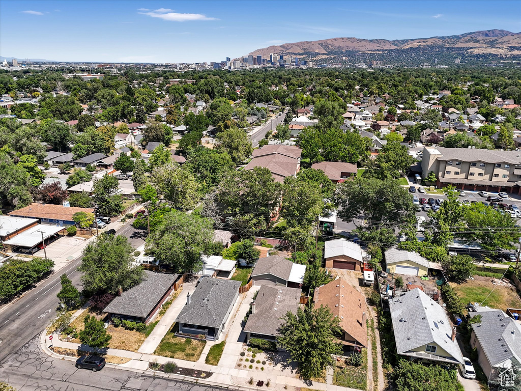 Aerial perspective of suburban area with mountains