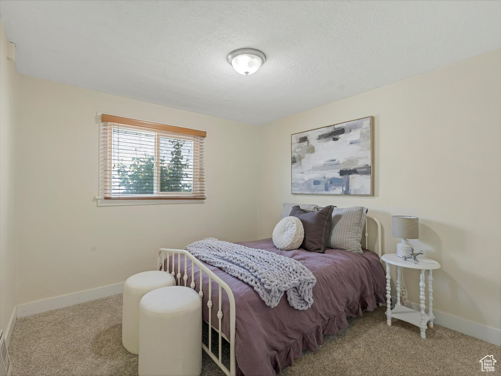 Carpeted bedroom featuring baseboards and a textured ceiling
