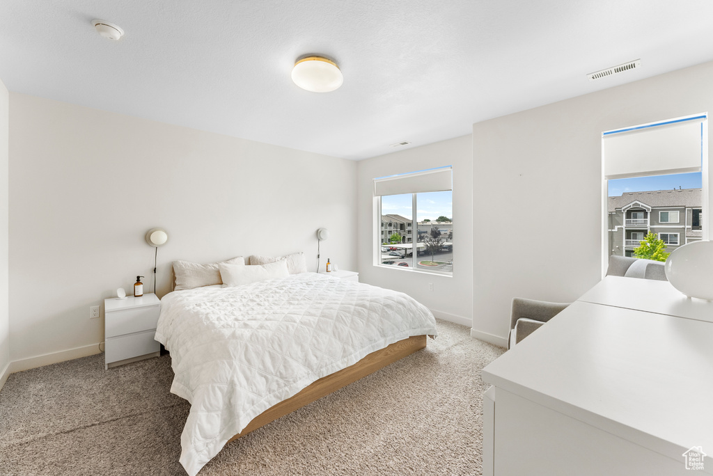Bedroom featuring light carpet and multiple windows