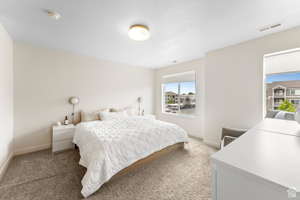 Bedroom featuring multiple windows and light carpet
