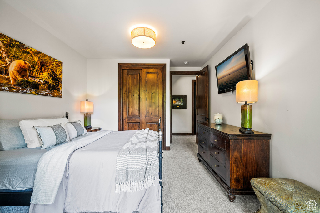 Bedroom with light colored carpet