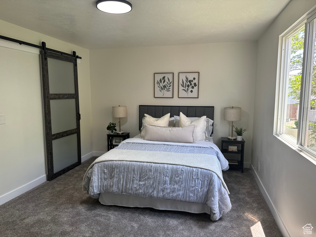 Bedroom featuring a barn door and carpet flooring