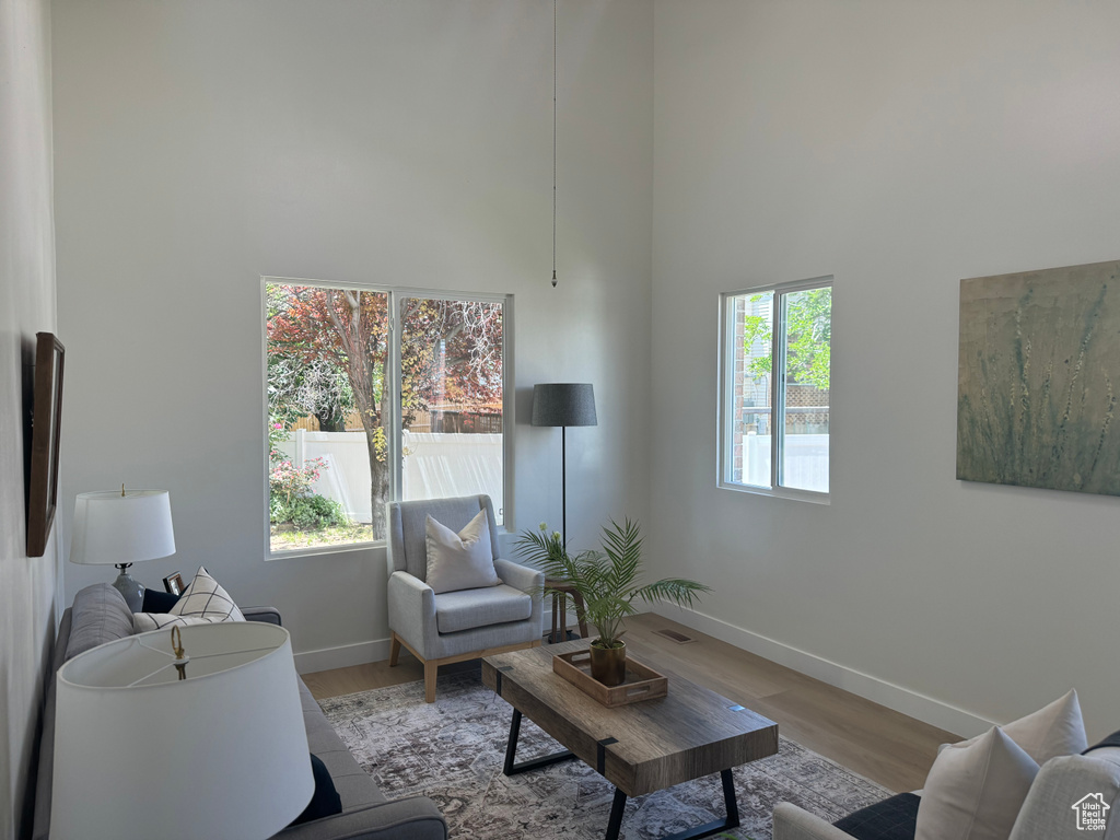 Living room featuring a high ceiling and wood finished floors