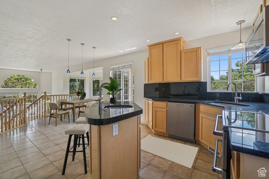 Kitchen featuring stainless steel dishwasher, a textured ceiling, healthy amount of natural light, tasteful backsplash, and recessed lighting
