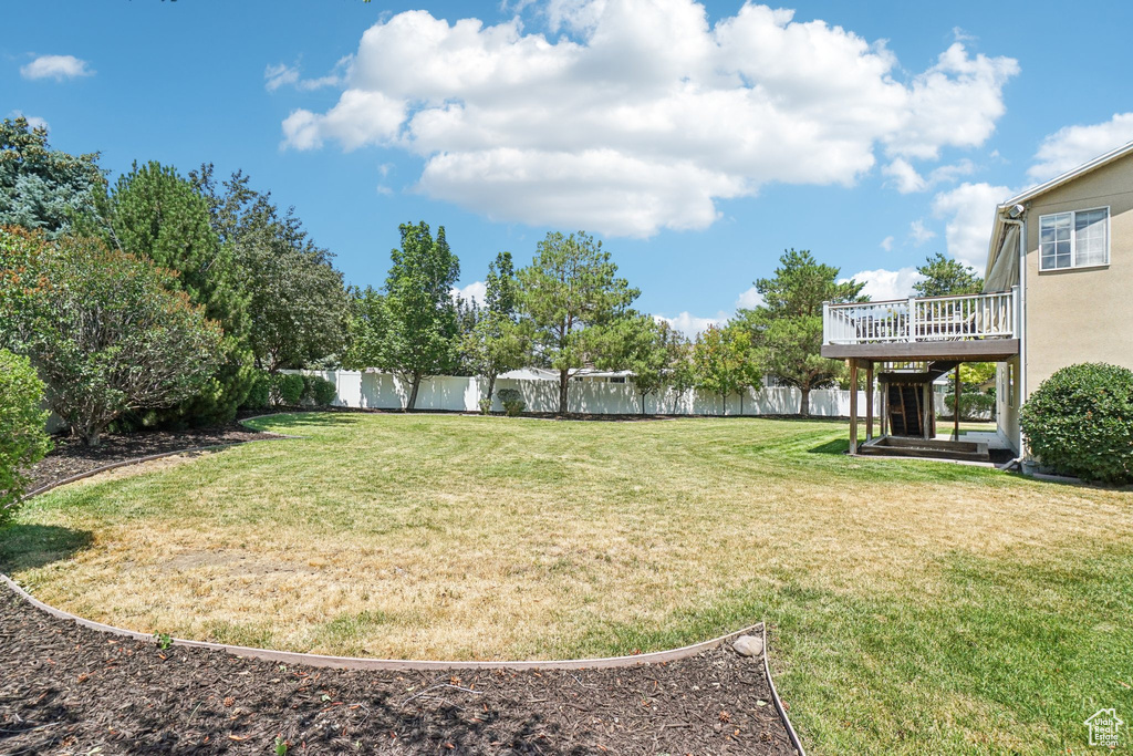 Fenced backyard with a wooden deck