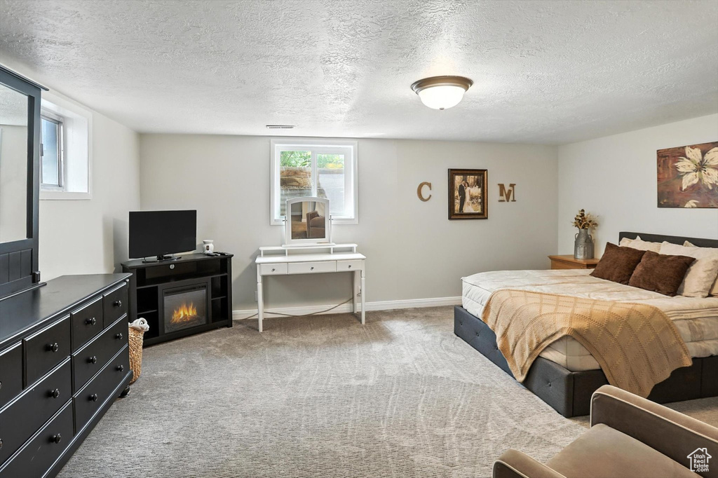 Carpeted bedroom featuring multiple windows, a textured ceiling, and a glass covered fireplace