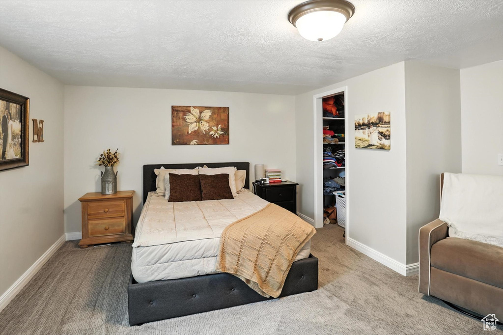 Bedroom with a textured ceiling, a closet, a spacious closet, and carpet floors