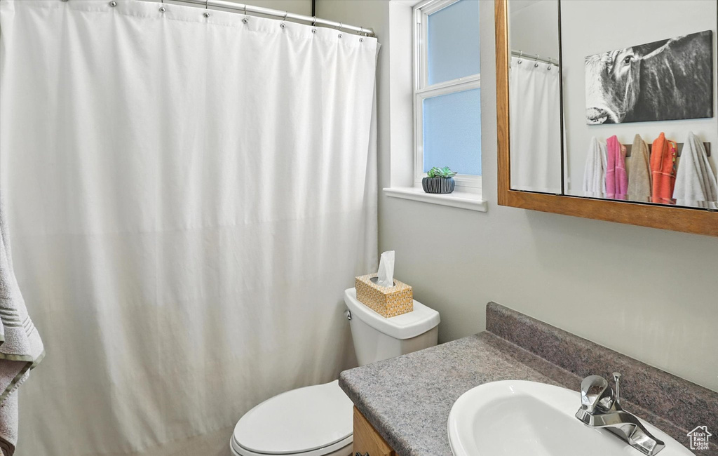 Full bath featuring vanity and a shower with shower curtain