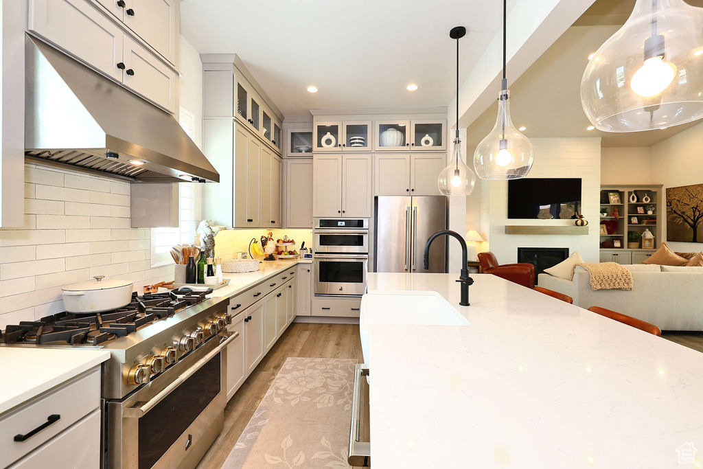 Kitchen with stainless steel appliances, under cabinet range hood, light wood-style floors, recessed lighting, and open floor plan