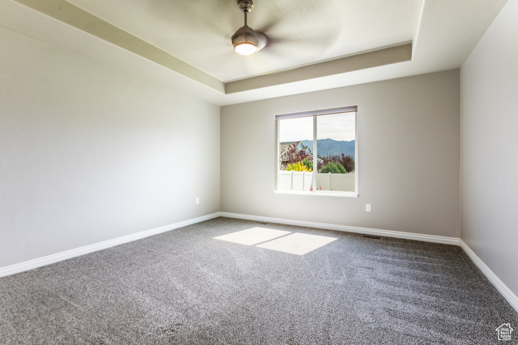 Unfurnished room featuring carpet and a raised ceiling