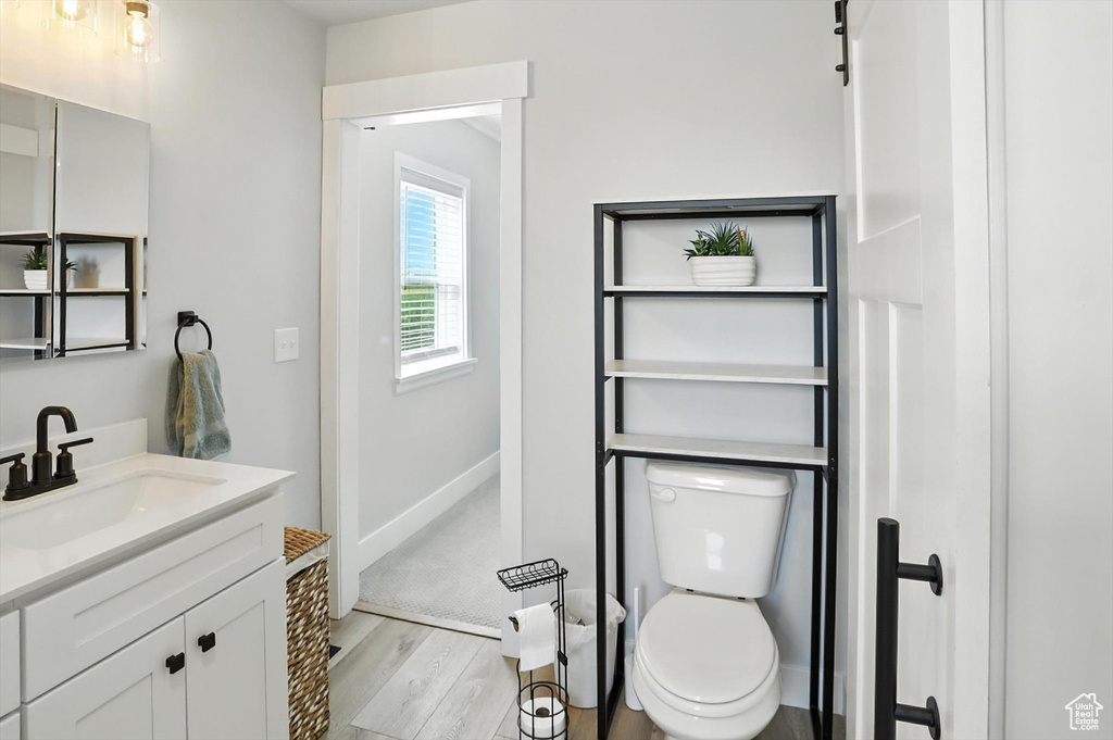 Bathroom with wood finished floors and vanity