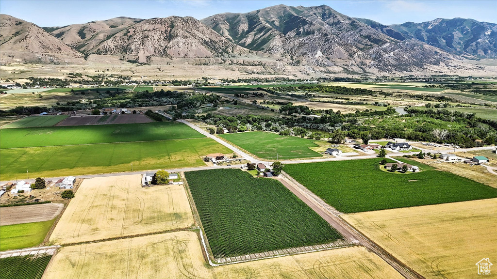 View of mountain backdrop with rural landscape
