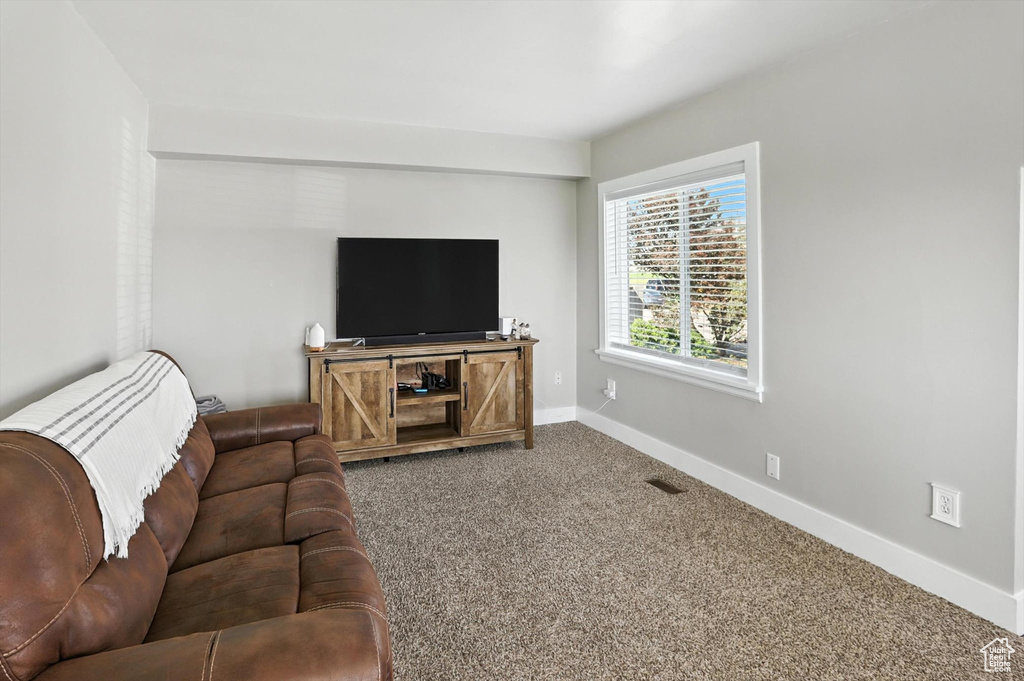 Living area featuring carpet and baseboards