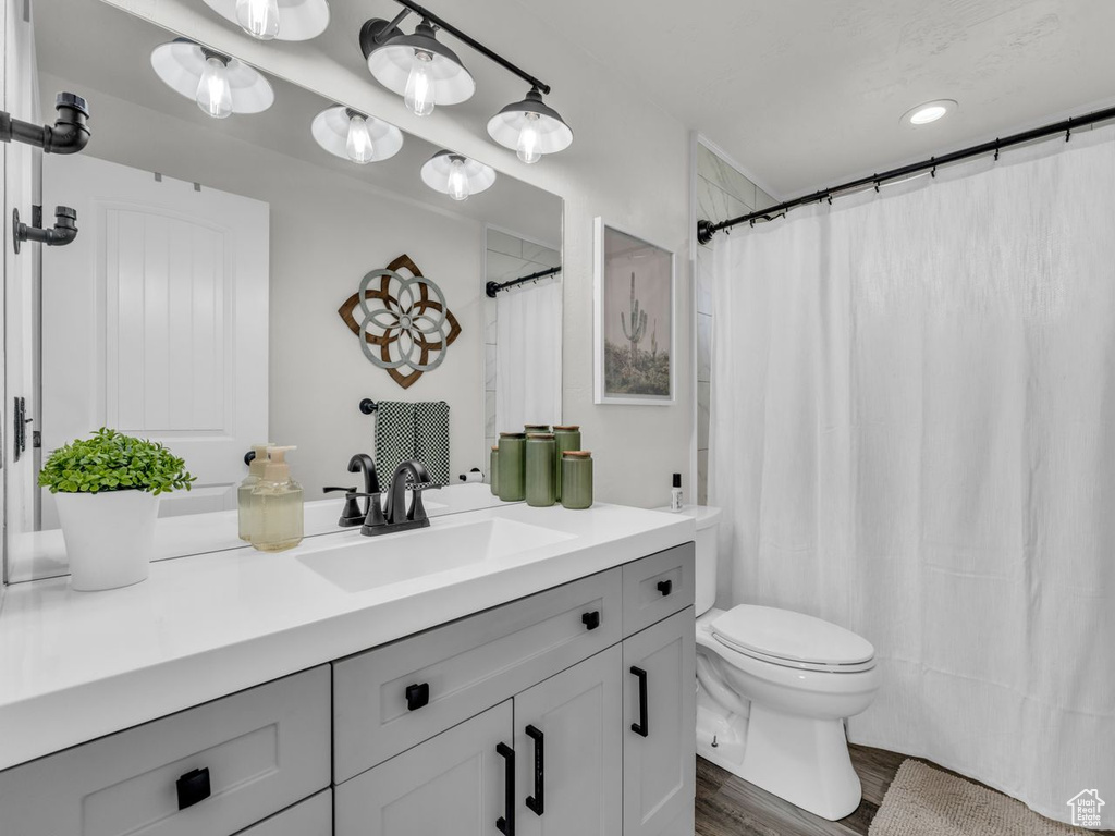 Bathroom featuring vanity, wood finished floors, and a shower with shower curtain