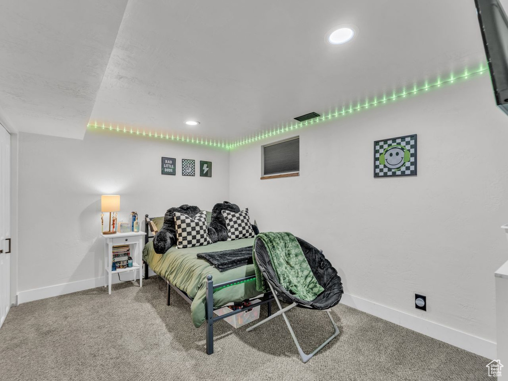 Bedroom featuring carpet flooring and recessed lighting