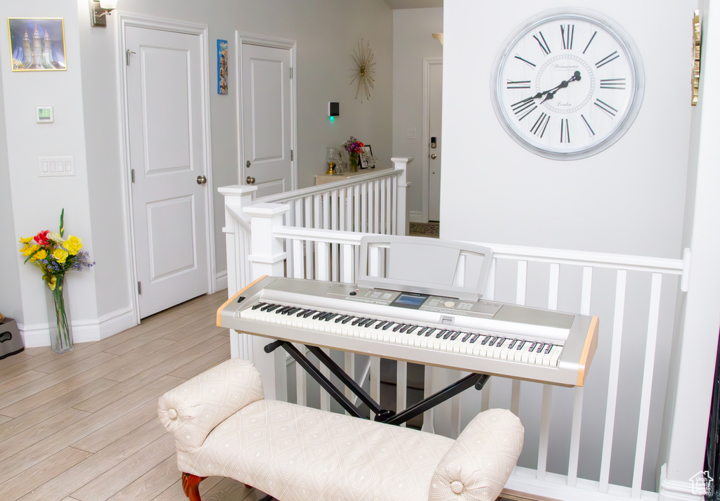 Detailed view of wood finished floors and baseboards