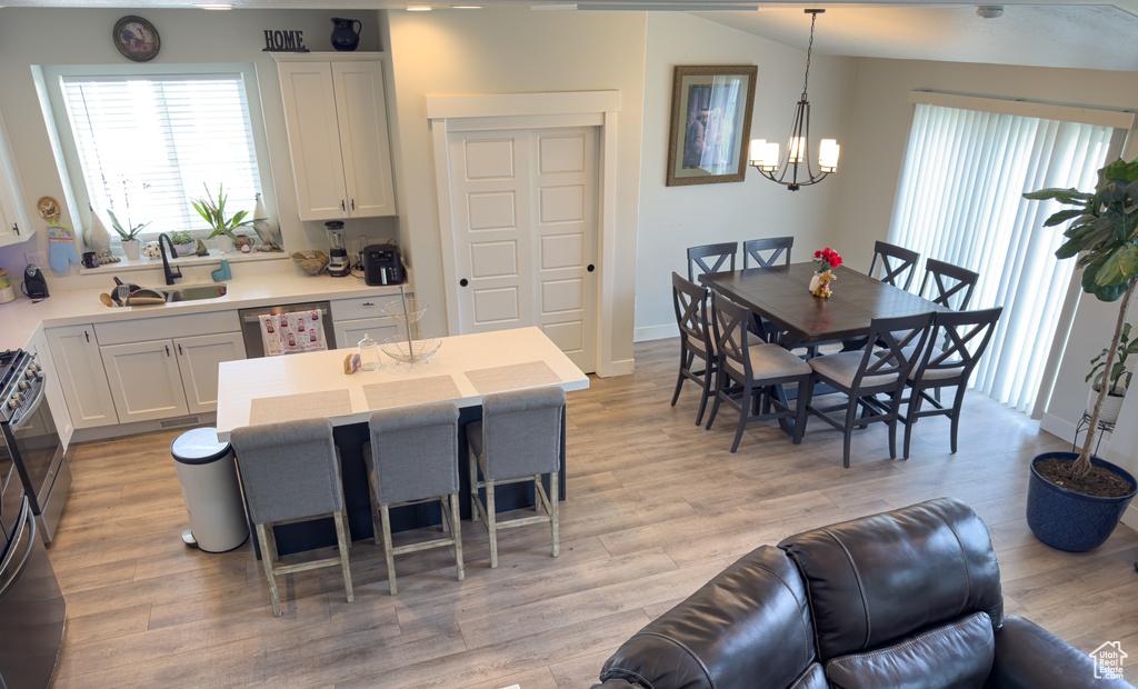 Kitchen featuring a chandelier, stainless steel dishwasher, light countertops, and light wood-style flooring