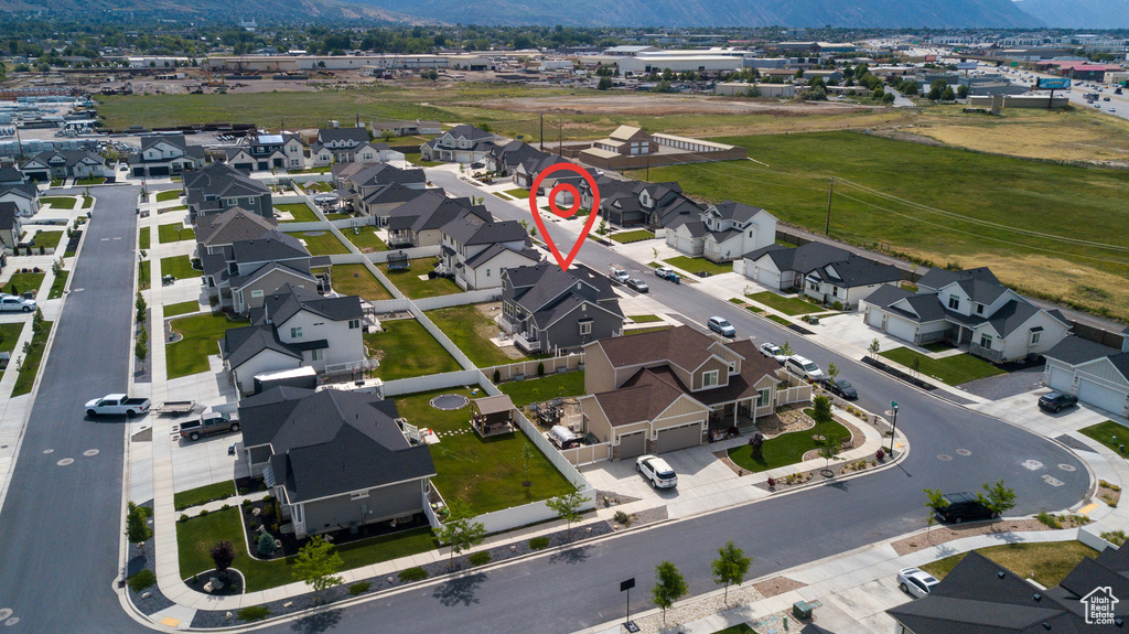 Aerial perspective of suburban area with mountains