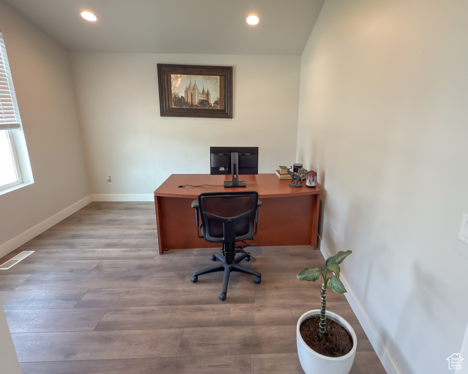 Office area featuring recessed lighting and wood finished floors