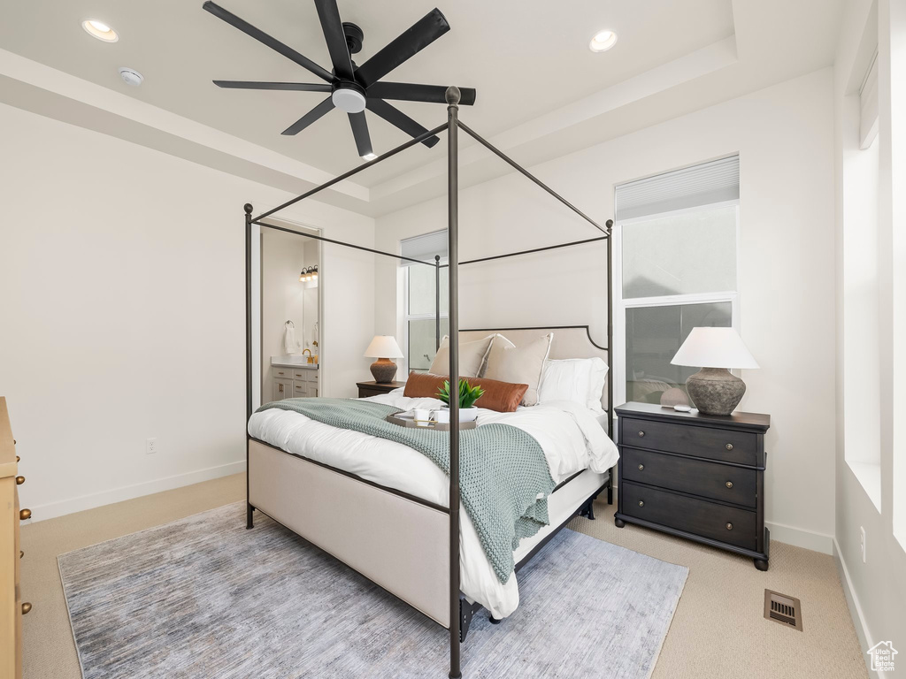 Carpeted bedroom featuring recessed lighting