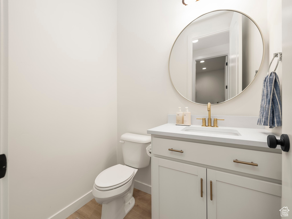 Bathroom featuring wood finished floors and vanity
