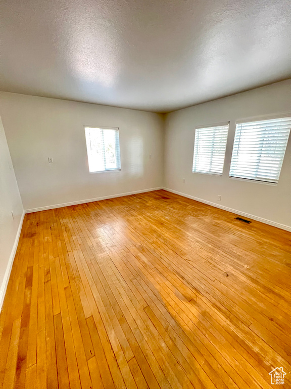 Unfurnished room featuring light wood-style floors, healthy amount of natural light, and a textured ceiling
