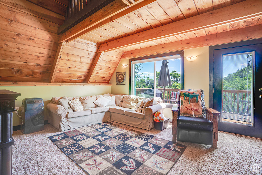 Living area with carpet flooring and wooden ceiling