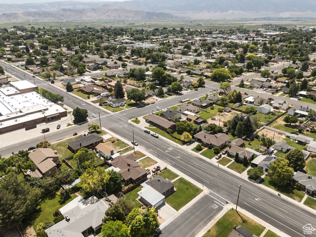 Aerial view of residential area with mountains