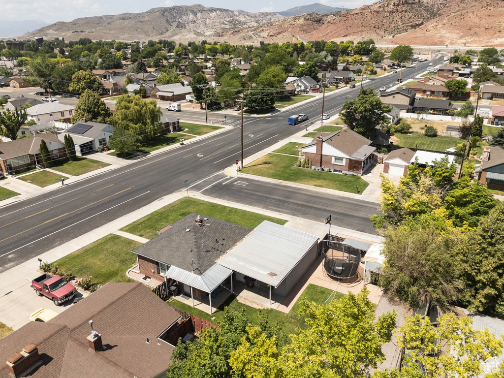 Aerial perspective of suburban area with mountains