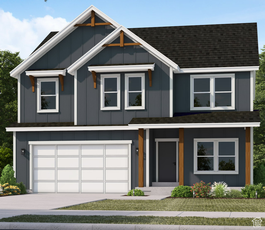 View of front of property featuring roof with shingles, driveway, and an attached garage