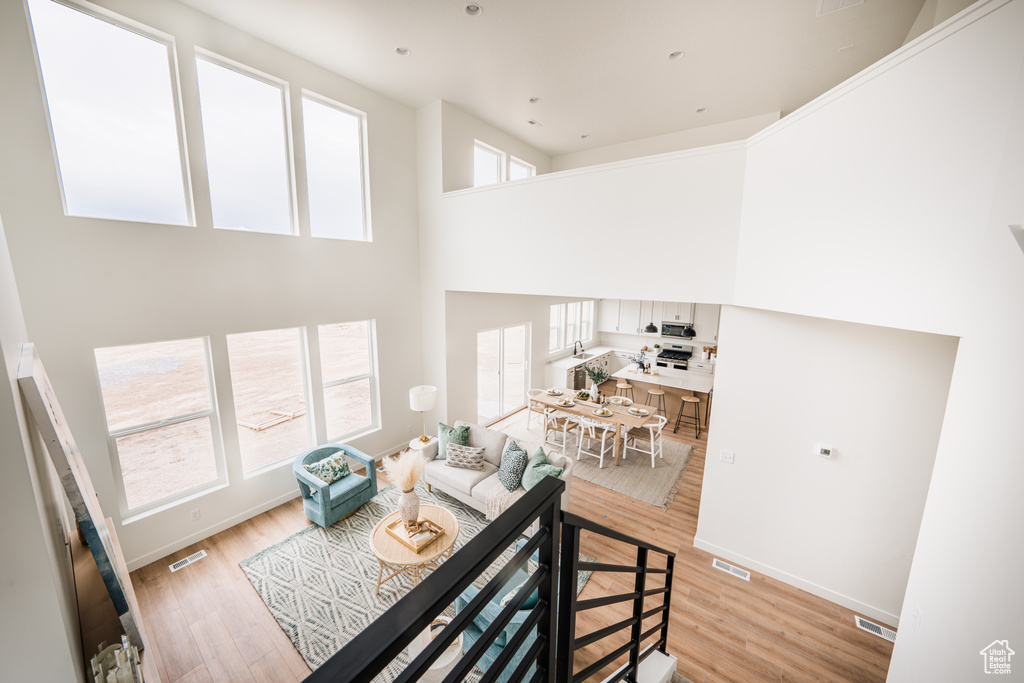 Living room with light wood finished floors and a towering ceiling