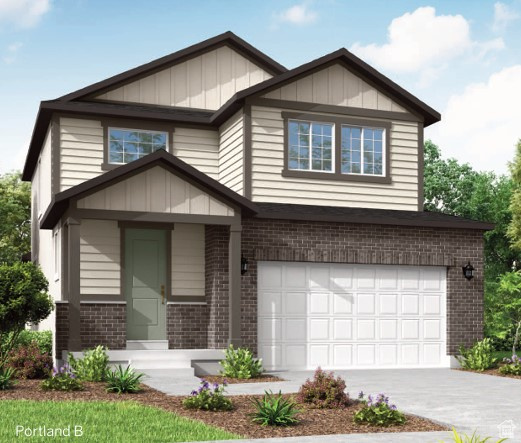 View of front of property featuring brick siding, a garage, and concrete driveway