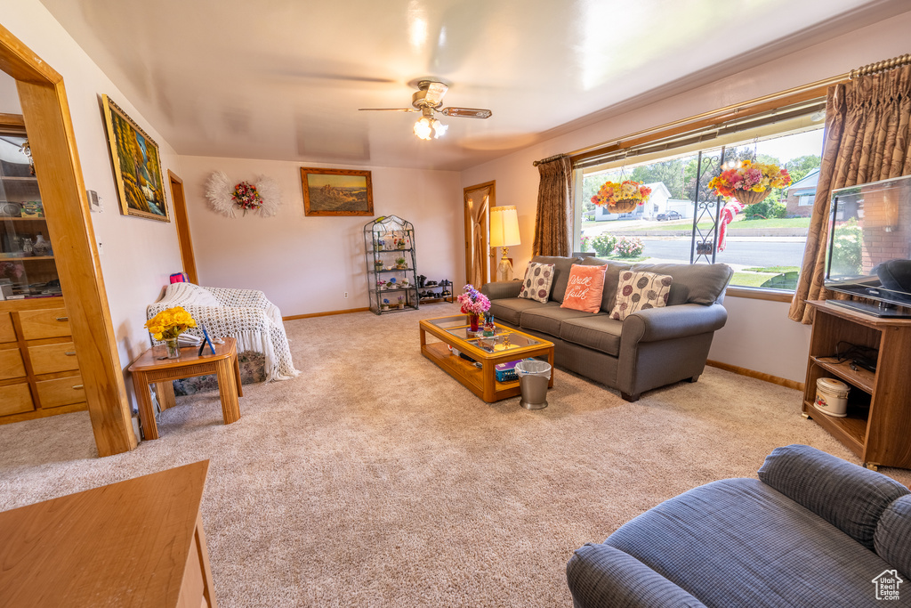 Living area with a ceiling fan and carpet floors