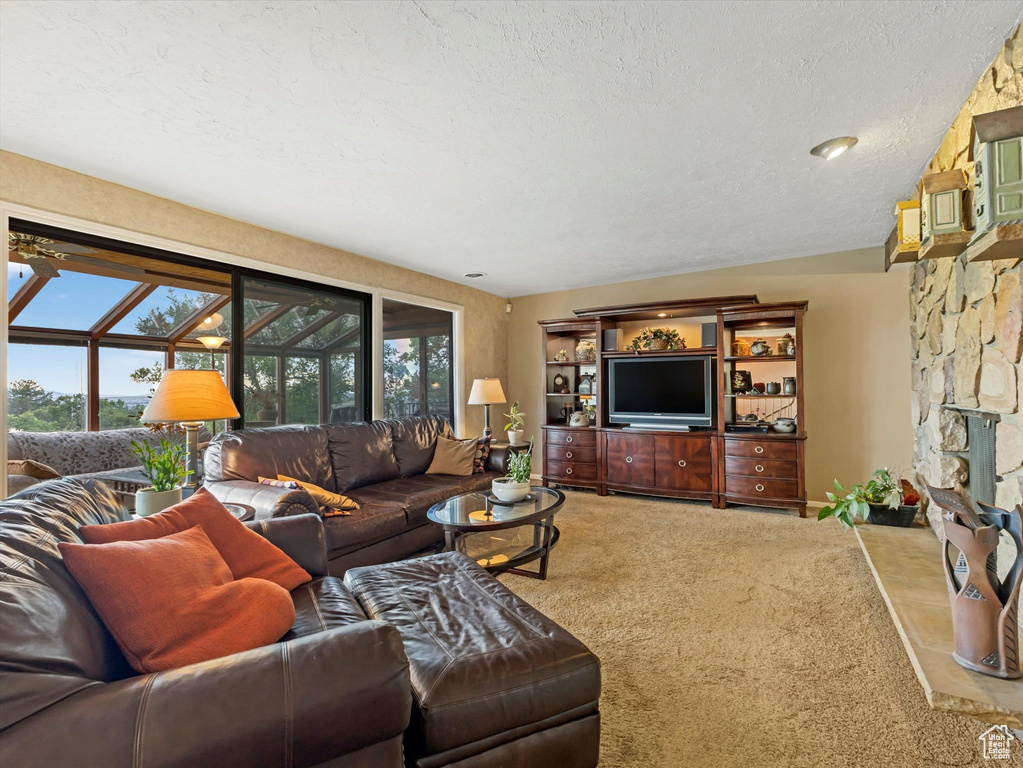 Living room with plenty of natural light, a textured ceiling, and carpet
