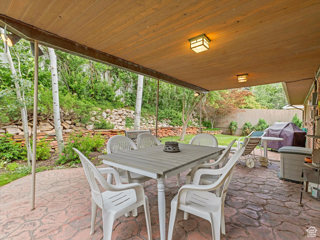 Fenced backyard with a patio area, outdoor dining area, and grilling area