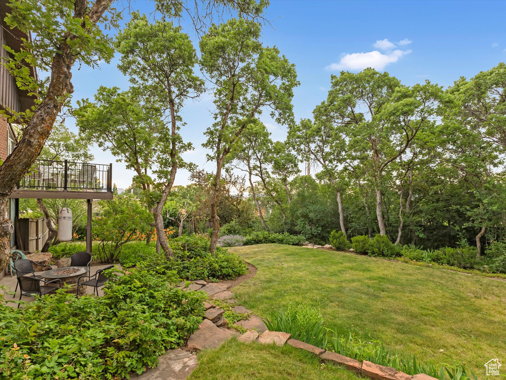 View of grassy yard with a patio area