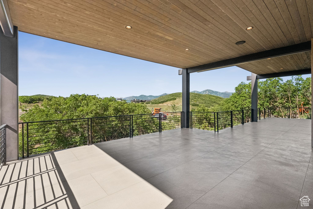 View of patio featuring a mountain view