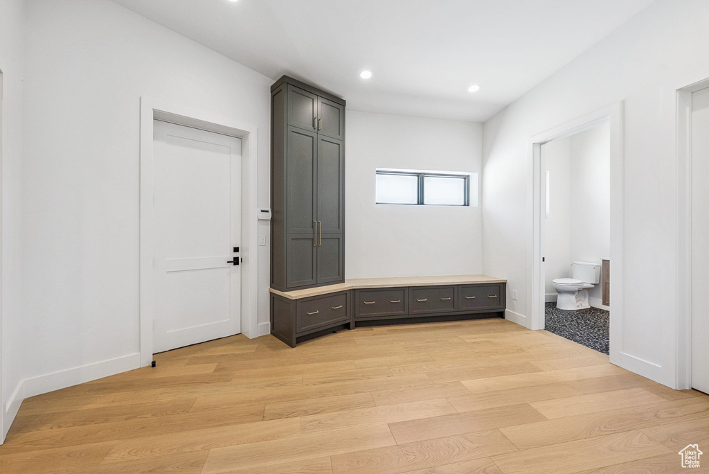 Mudroom with light wood-style floors and recessed lighting
