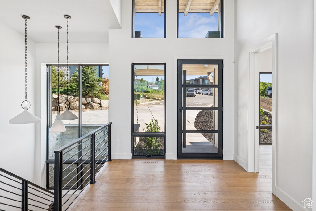 Entrance foyer featuring healthy amount of natural light, wood finished floors, and a towering ceiling