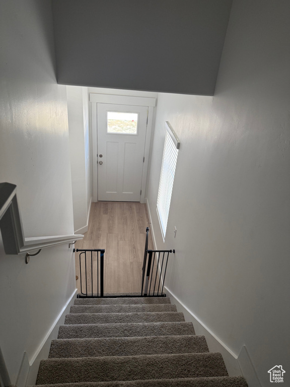 Stairway with wood finished floors and baseboards