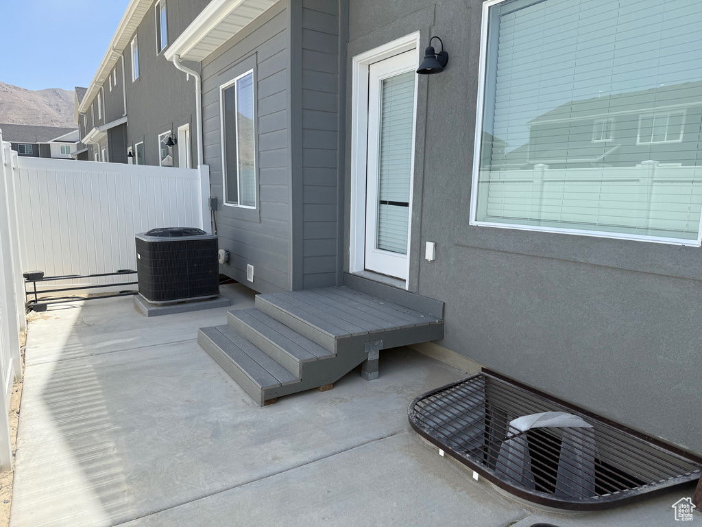 View of patio / terrace featuring a mountain view
