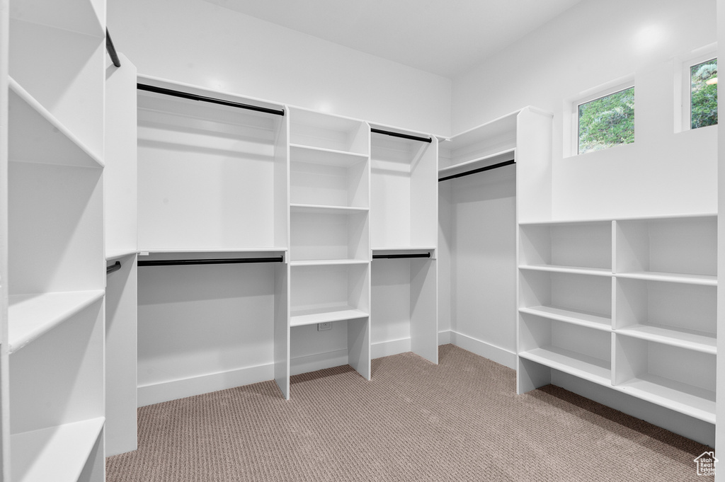 Walk in closet featuring light colored carpet