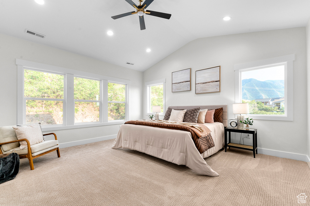 Bedroom with recessed lighting, carpet flooring, lofted ceiling, and ceiling fan