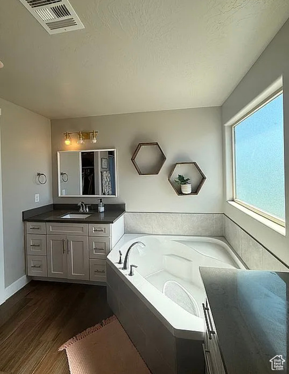 Bathroom with a garden tub, wood finished floors, and vanity