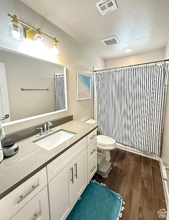 Bathroom with vanity, wood finished floors, and a shower with curtain