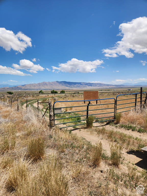 View of yard featuring a rural view, a gate, and a mountain view