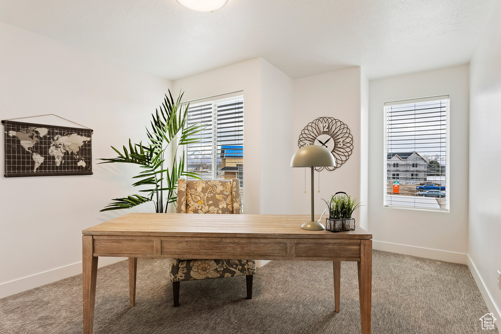 Office space with light carpet and baseboards