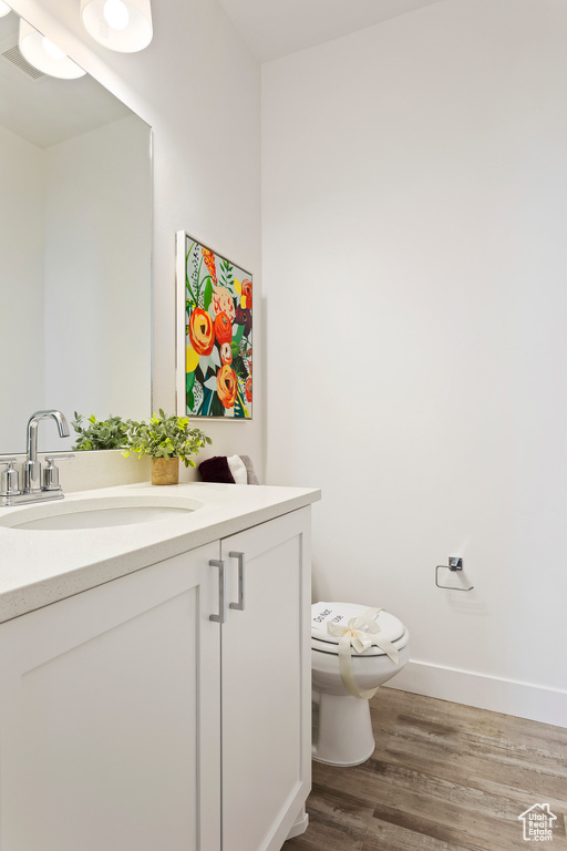 Half bath featuring vanity and wood finished floors